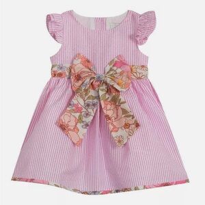 Rare Editions Pink Seer Sucker Striped Dress with Floral Bow